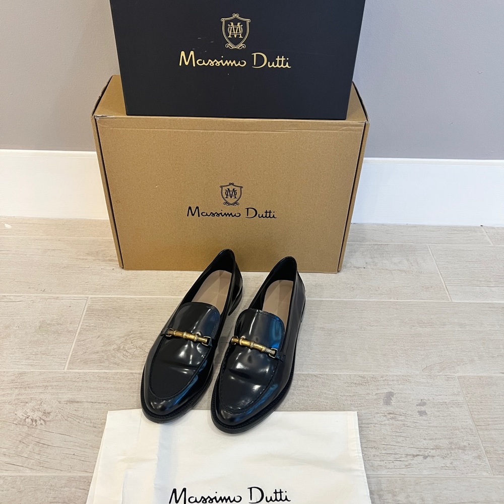 Massimo Dutti Black Glossy Leather Loafers Shoes Bamboo Accent